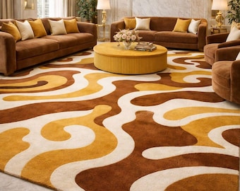 Modern Abstract Brown & Mustard Wool Area Rug, Mid Century Wavy Pattern Carpet, Neutral Cream Geometric Rug, Contemporary Living Room Decor