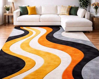 Hand Tufted Wool Rug, Modern Abstract Wave Area Rug, Orange Yellow Black Rug, Handmade Wool Carpet, Contemporary Living Room Rug, Cut Pile