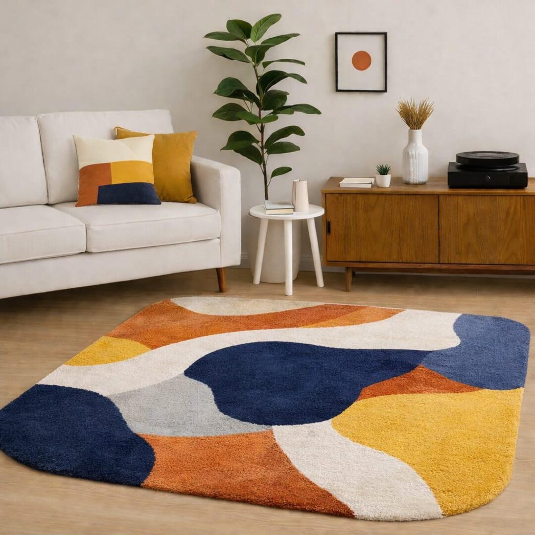 Hand Tufted Abstract Wool Rug, Multicolor Area Rug, Irregular Shape Cut ...