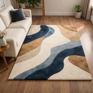 Handgetufteter Abstrakter Wellenteppich, Beige-Blau-Brauner Wollteppich, Luxus-Schnitt-Flor-Rechteckiger Teppich, Zeitgenössischer Handgefertigter Wohnzimmer-Teppich
