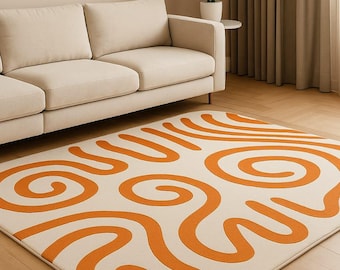 Alfombra abstracta naranja tejida a mano, alfombra moderna de lana, alfombra minimalista, alfombra con diseño de espirales, alfombra de lana de Nueva Zelanda hecha a mano, decoración para sala de estar