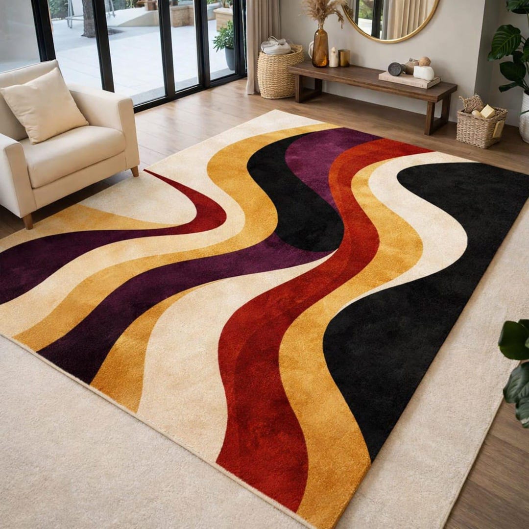 Hand-tufted Retro Abstract Wool Area Rug, Wavy Geometric Design, Modern ...