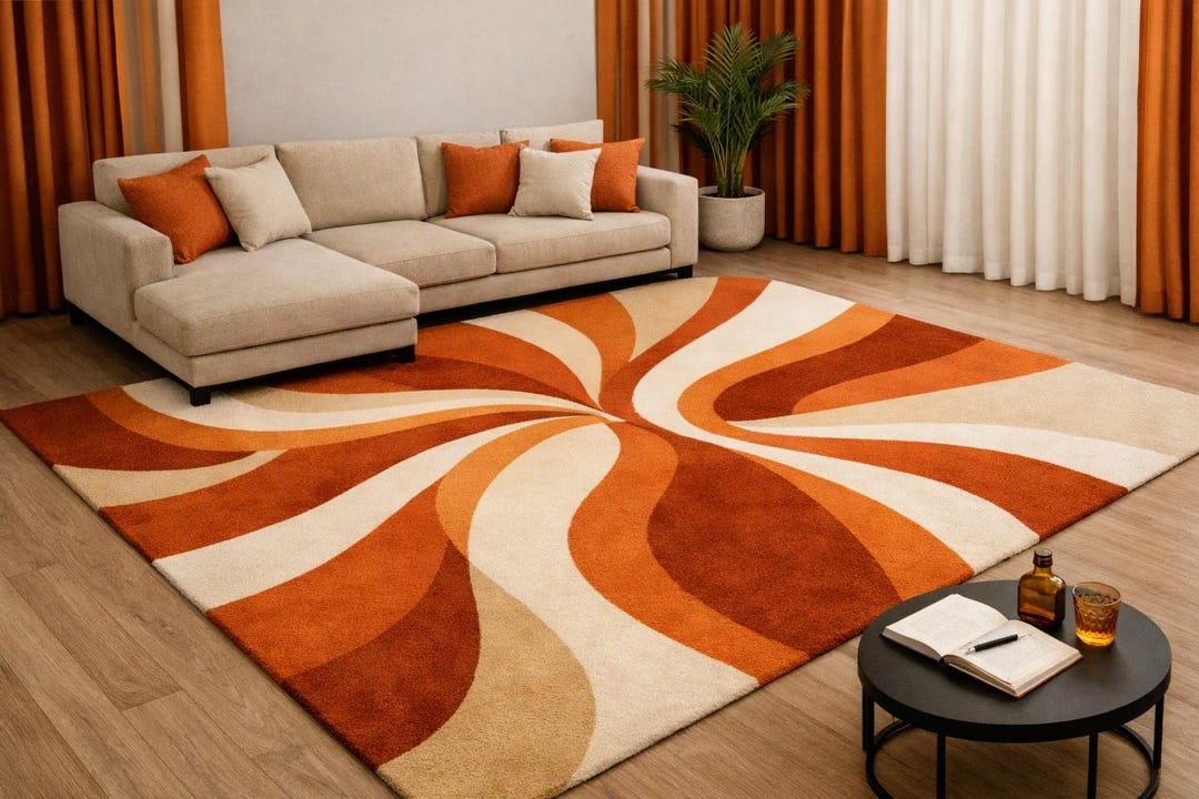 Hand Tufted Wool Rug | Orange White Mid Century Modern Abstract Swirl ...