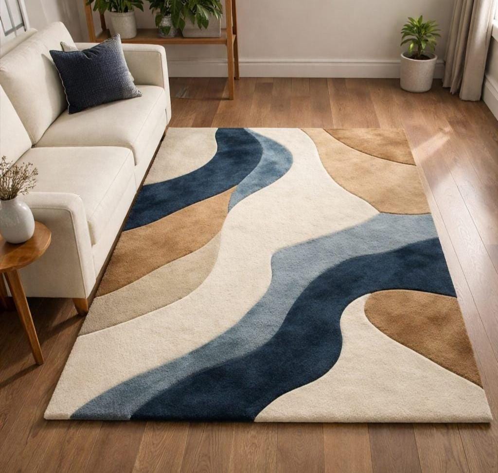 Abstract Hand Tufted Area Wool Rug | Navy Blue Beige Cream Modern ...