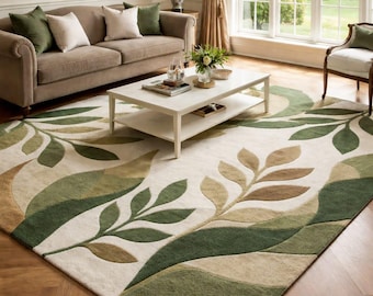 Alfombra de lana tejida a mano, alfombra de pelo cortado con estampado botánico de hojas verdes, alfombra moderna floral para sala de estar, alfombra de decoración para el hogar de inspiración natural en tonos neutros.