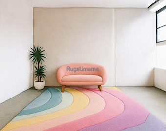 Hand Tufted Wool Rug, Pastel Rainbow Wave Area Carpet, Modern Abstract Designer Home Decor