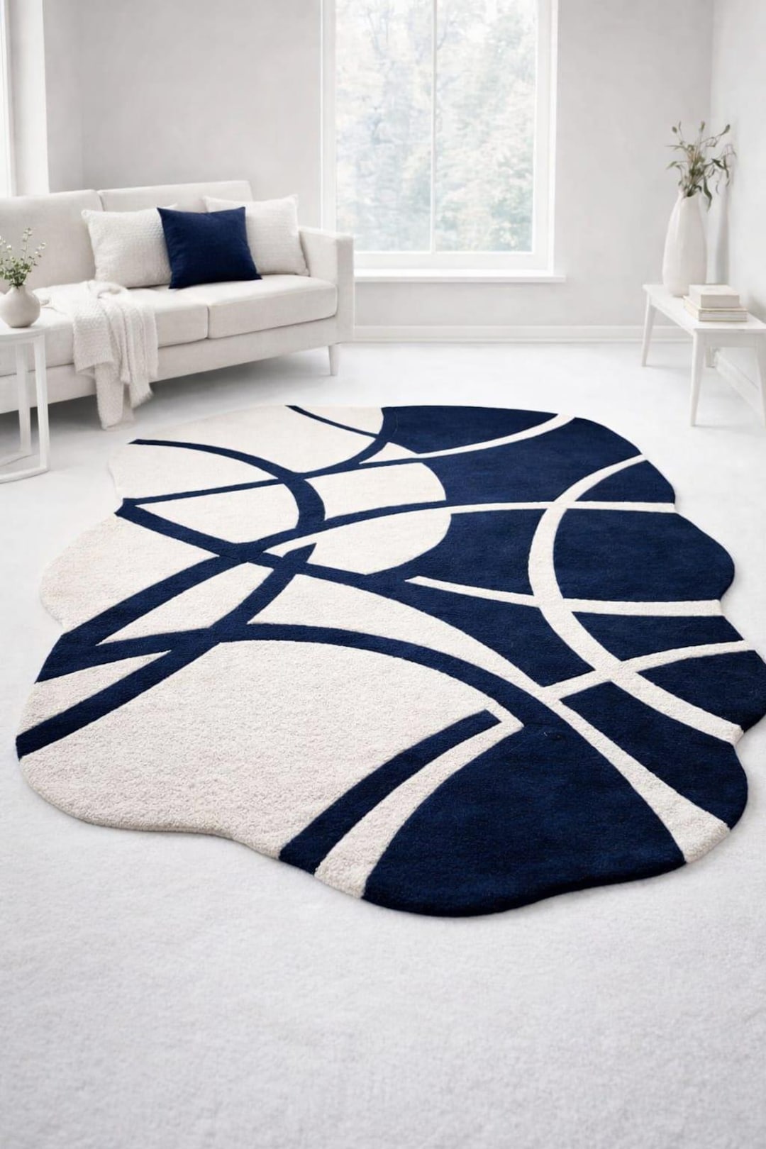 Hand Tufted Irregular Area Rug, Navy Blue Cream Abstract Rug, Modern ...