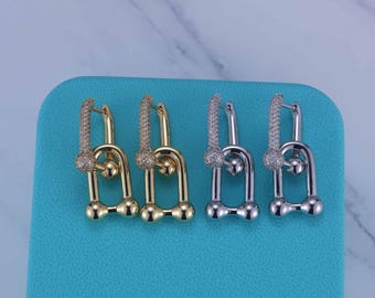 925 Silver Horseshoe Earrings Plated with 18K Gold and Set with Diamonds, Tiffany Women's Earrings, Gift Box Packaging, A Gift for Him