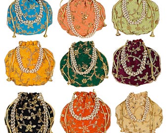 Bolso Potli de diseño indio bordado a mano para mujer, ideal como regalo de recuerdo para invitadas a bodas, fiestas y eventos.