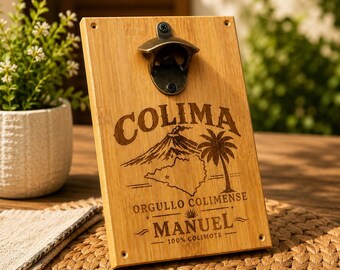 Personalized Beer Bottle Opener | Engraved Bamboo Wall Mount | Gift for Dad | Home Bar Accessories
