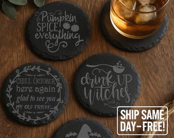 Engraved Halloween Slate Coaster Set: Witchy Fall Decor