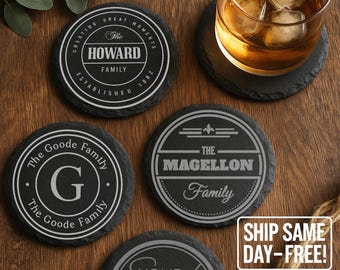 Personalized Slate Coasters: Engraved Family Name Drink Coaster Set