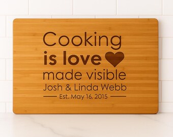 Personalized “Cooking is Love” Cutting Board  Custom Name & Date  Romantic Gift, Anniversary, Wedding Present