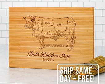 Personalized Butcher Diagram Cutting Board: Engraved Bamboo, BBQ Gift