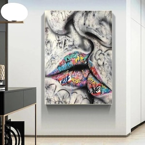 Lienzo abstracto de besos, arte callejero pop, pinturas de pareja de enamorados besándose, imágenes para decoración moderna.