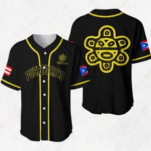 May include: Black baseball jersey with yellow trim and the word "Puerto Rico" in yellow. Features the Puerto Rican flag on the sleeve and a large yellow design on the back. The jersey has a button-up front.