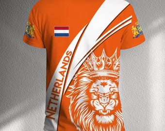 Netherlands Orange Lion T Shirt, Dutch Flag Tee, Crowned Lion Soccer Fan Jersey, Unisex Holland Supporter Top, Kingsday Gift Shirt