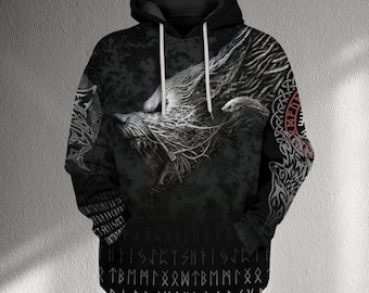 Sudadera con capucha de lobo vikingo, runas nórdicas, arte nórdico de Fenrir, unisex, negra, estilo gótico urbano, ideal como regalo para él o ella, para parejas.