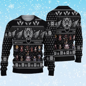 Puede incluir: Jersey navideño negro con diseños de copos de nieve y personajes blancos. El jersey presenta el texto "CHRISTMAS FANTASY" y un diseño de cabeza de tigre. La parte trasera del jersey tiene el texto "STMAS FAN".