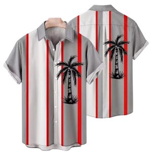 Camisa hawaiana para hombre, gris, roja, a rayas, con estampado de palmeras, abotonada, estilo tropical, ideal para vacaciones en la playa, con cuello tipo campamento, ropa informal de verano, regalo perfecto para él.