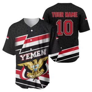 Personalisierte Jemen Baseball Jersey Shirt, Jemen Flagge Button Up Fan Jersey, Benutzerdefinierter Name Nummer Land Stolz Geschenk für Männer Frauen
