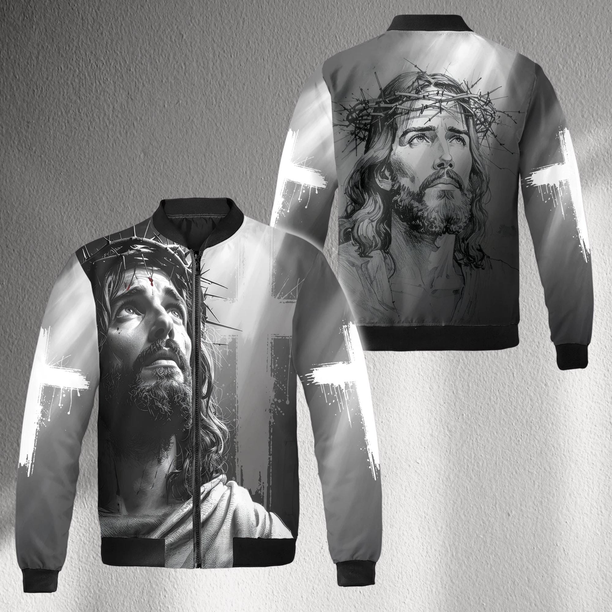 Jesus Christ Bomber Jacket With Crown of Thorns Artwork, Black
