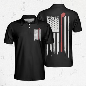 Patriotic Golf Polo Shirt – American Flag Golf Club Shirt for Men – USA Golfer Gift – Black Golf Shirt – Father&#39;s Day Gift