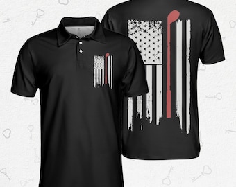 Polo de golf con bandera estadounidense patriótica: diseño de palo de golf negro