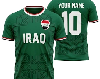 Camiseta de fútbol de Irak personalizada con nombre y número personalizados. Camiseta de fútbol de Irak. Ropa de fanático de Irak. Regalo para hombres y mujeres.