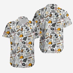 May include: White short-sleeve shirt with an all-over print of electrical tools and equipment. The design includes light bulbs, hard hats, solar panels, and electrical outlets. The shirt has a button-down collar.