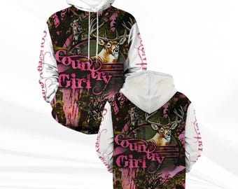 Country Girl Bow Hunter Deer Hunting Hoodie, Pink Camo Buck Graphic Pullover Sweatshirt, White Sleeve Longline Hoodie Dress Gift for Her