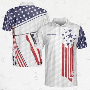 Patriotic Golf Polo Shirt – USA Flag Golf Shirt for Men – American Golfer Gift – Fourth of July Golf Outfit – Custom Name Option