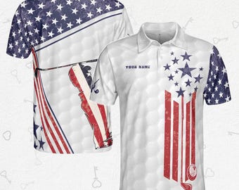 Polo de golf con la bandera patriótica de EE. UU. - Regalo para golfistas estadounidenses - Nombre personalizado