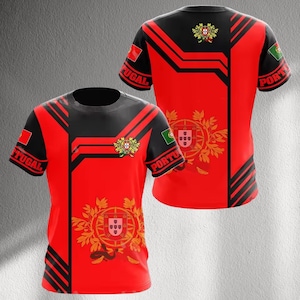 Portugal Crest T Shirt, Red Black National Jersey Style Tee, Unisex Portuguese Flag Top, Soccer Fan Gift Shirt for Men Women Fans Too