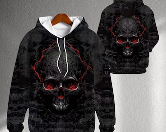 Sudadera con capucha de calavera negra 3D con llamas rojas, estilo gótico unisex, con estampado frontal y trasero, ideal para Halloween, ideal como regalo para hombres y mujeres.