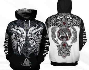 Viking Skull Warrior Hoodie, Black White Norse Celtic Knotwork Pullover, Raven & Wolf Back Print Unisex Gothic Streetwear Gift for Men Women