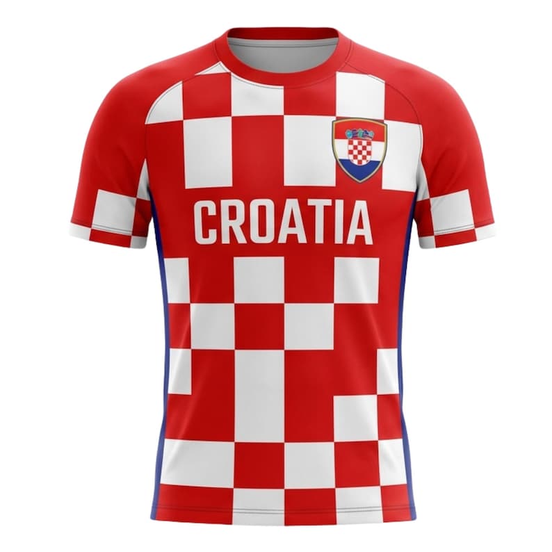Puede incluir: Una camiseta de f&uacute;tbol de Croacia a cuadros rojos y blancos. La camiseta presenta la palabra "CROATIA" en letras blancas en la parte delantera. Un escudo de armas croata est&aacute; en la parte superior izquierda del pecho. Las mangas y los hombros tambi&eacute;n est&aacute;n a cuadros.