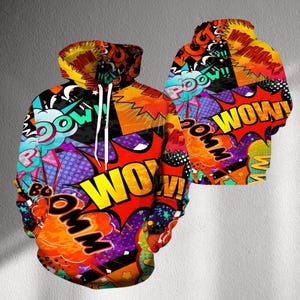 WOW BOOM Comic Print Hoodie, Colorful Pop Art Unisex Sweatshirt, Graphic All Over Streetwear Top, Bold Festival Rave Hoodie, Comic Style