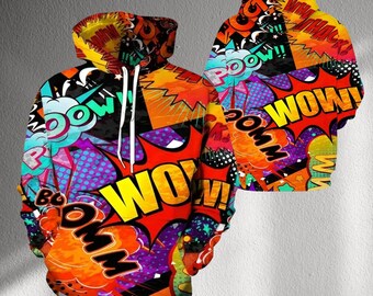 Puede incluir: Una sudadera con capucha colorida con un diseño de estilo cómic. El diseño presenta texto audaz como "WOW!" y "POOMM!" en amarillo y rojo, sobre un fondo de formas naranjas, moradas y azules. La sudadera tiene una capucha con cordón.