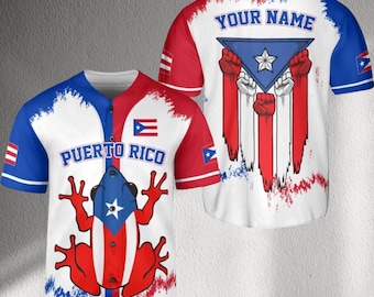 Camiseta de béisbol de Puerto Rico, nombre personalizado en la espalda, gráfico de la bandera de la rana coquí, camiseta unisex con botones para desfiles y juegos, orgullo boricua