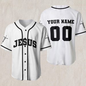 Personalized JESUS Baseball Jersey in White | Custom Name and 00 Number on Back | Christian Faith Unisex Button Front Top with Black Piping