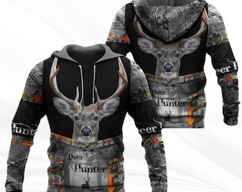 Deer Hunter Camo Hoodie, Buck Geweih Whitetail Deer Face All Over Print Pullover Sweatshirt, Jagdsaison Geschenk für Männer Dad Outdoors