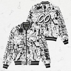 Custom Paint Splatter Bomber Jacket | Personalized Name Number Varsity Jacket | Streetwear Style Unisex Outerwear