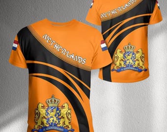 Netherlands Orange T Shirt, Dutch Coat Of Arms Graphic Tee, Holland Soccer Fan Jersey Style Top, Dutch Flag Sleeve Patriotic Unisex Shirt