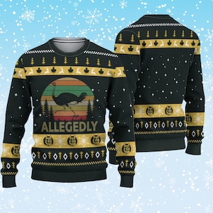 Allegedly Ugly Christmas Sweater – Retro Ostrich Sunset, Pine Trees & Snowflakes, Black Gold Wolf Icons
