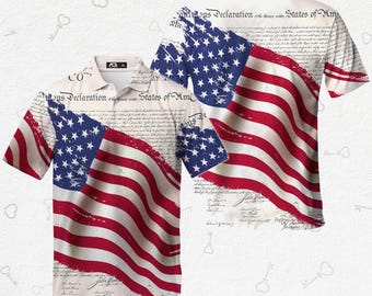 US - American Flag Shirt – Declaration of Independence Polo, Patriotic USA July 4th Shirt