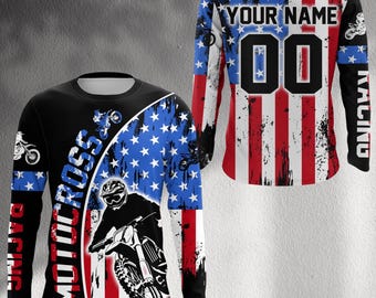 Custom USA Flagge Motocross Jersey: Personalisiertes Langarm-Rennoberteil