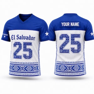 May include: A blue and white V-neck jersey featuring the text El Salvador and the number 25 on the front, with a patterned design. The back displays the text YOUR NAME and the number 25, with a white star on each sleeve and a patterned hem.