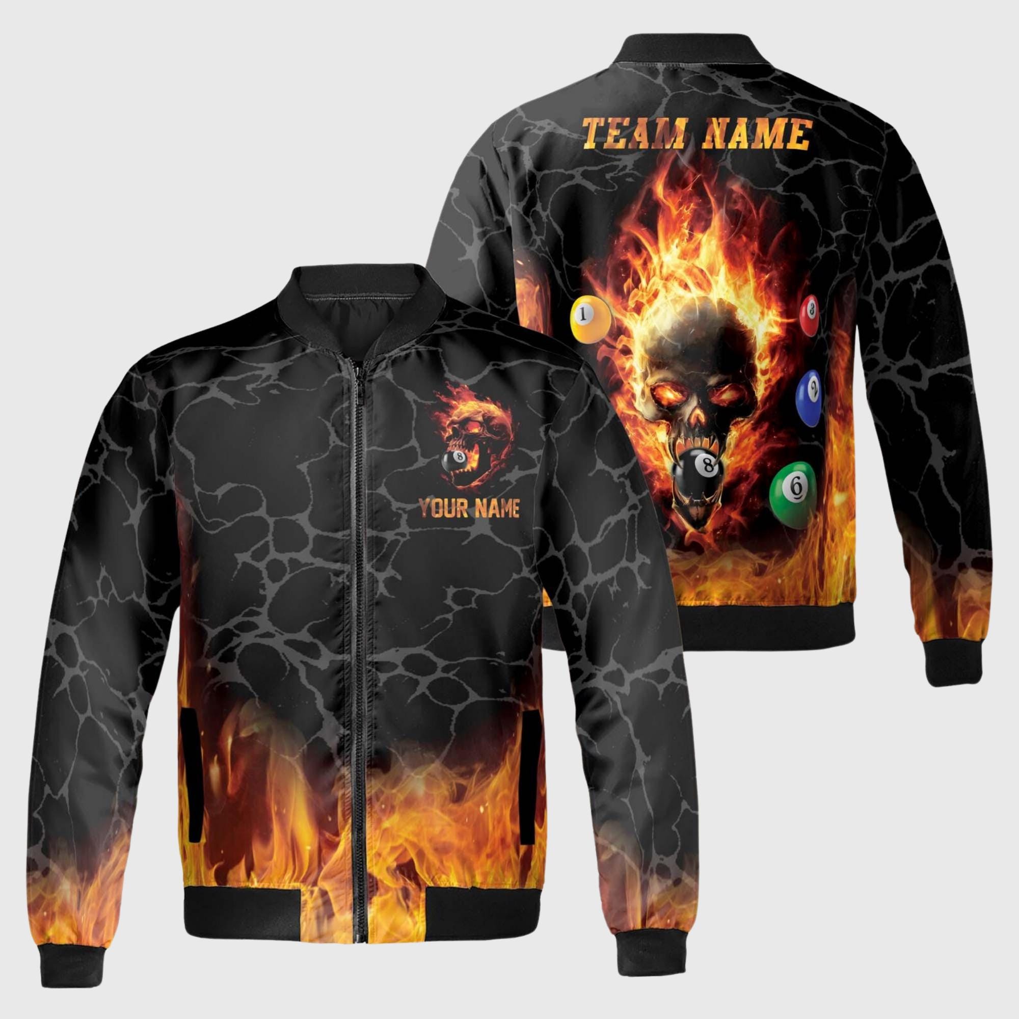 Custom Pool Team Bomber Jacket – Flaming Skull 8 Ball Billiards