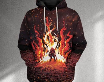 Fire Warrior Anime Hoodie Lava Flames Print, Fantasy Gamer Unisex Oversized Pullover Sweatshirt, Cool Streetwear Gift for Men Women Teens